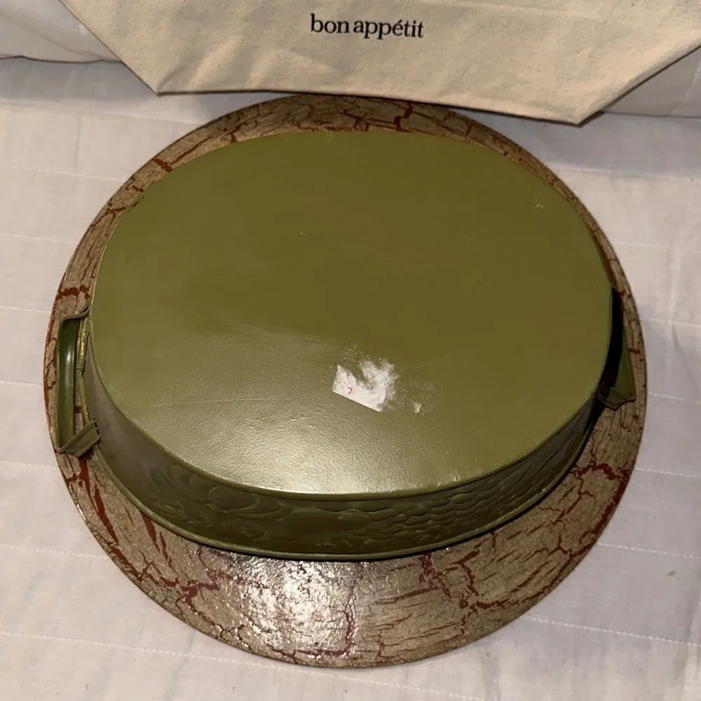 Metal Tin Bowl with Handles Green Fruit Harvest Dented Design